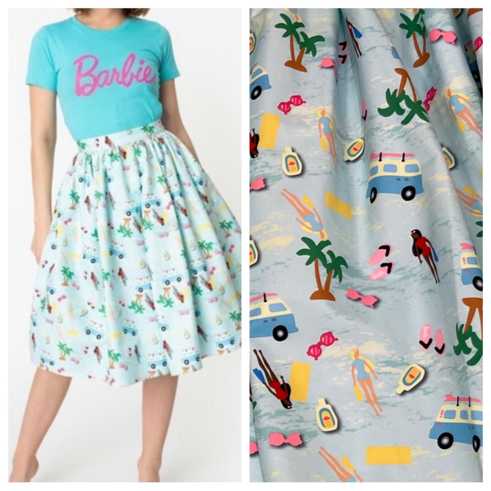 Unique Vintage Barbie Vacation Adventure Beach Print Skirt